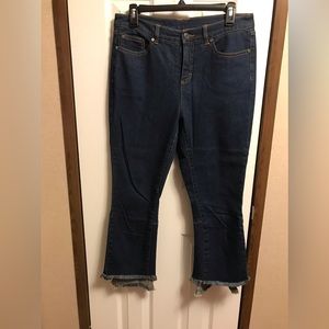 Dujour flare legged crop jeans with back flounce hem